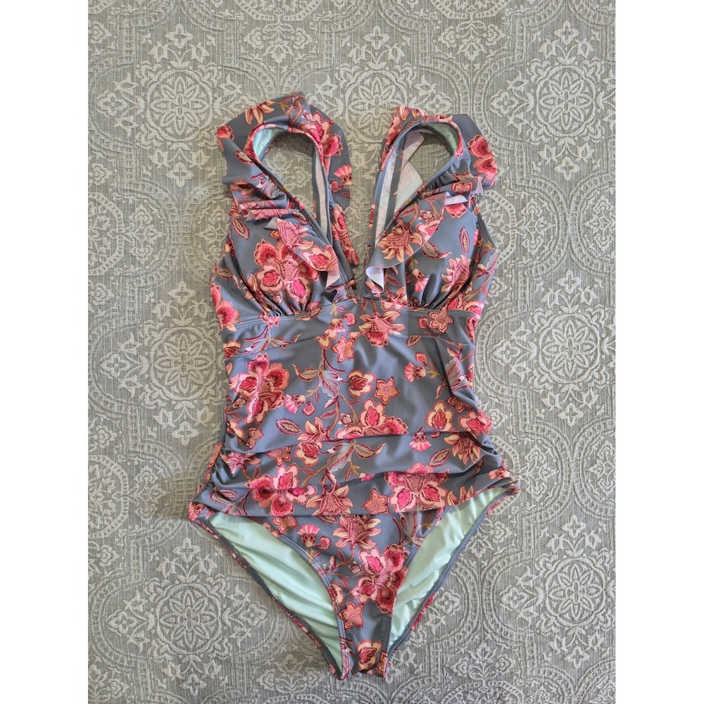 Cupshe Floral One Piece Swimsuit XL Blue Pink Ruffle V-Neck Ruched New With Tags